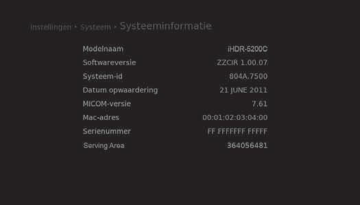 Systeem Nederlands In Systeem kunt u systeeminformatie bekijken. Dit gedeelte bevat opties voor signaaldetectie, energiebeheer, Irdeto menu, postberichten, gegevensopslag en het netwerk.