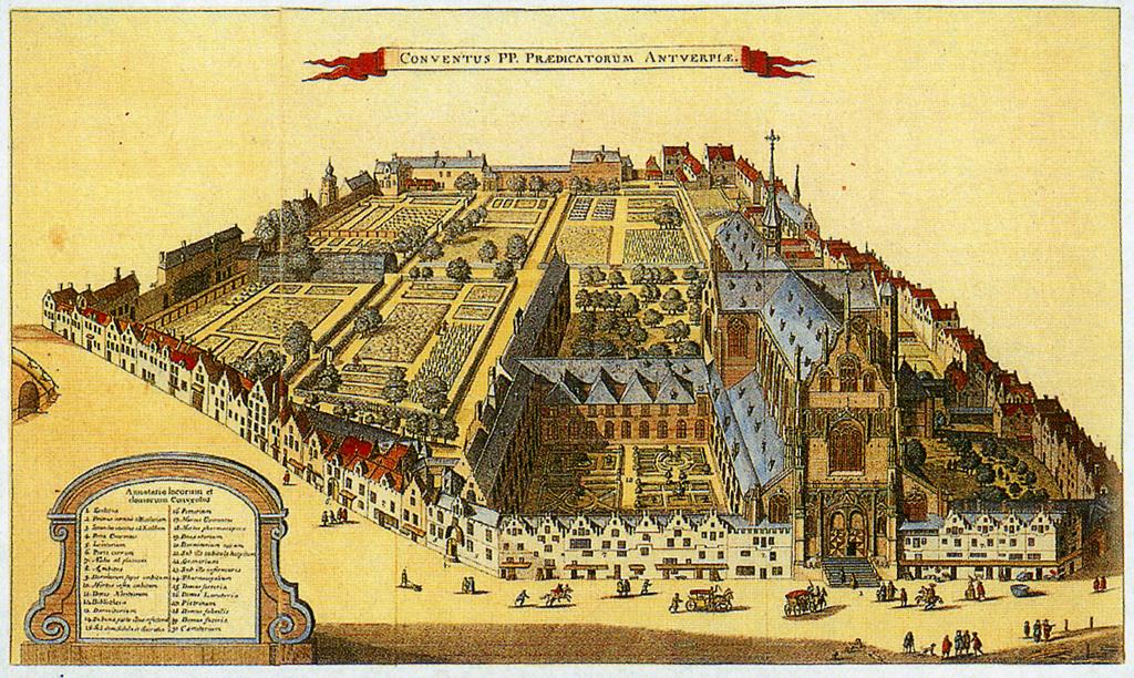 Conventus Praedicatorum Antverpiae (the Dominican Convent of Antwerp), after a colored engraving from