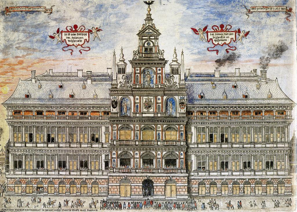 Colored etching of Antwerp s new Gothic City Hall, (ca, 1561), Melchisedech van Hooren, Graphische