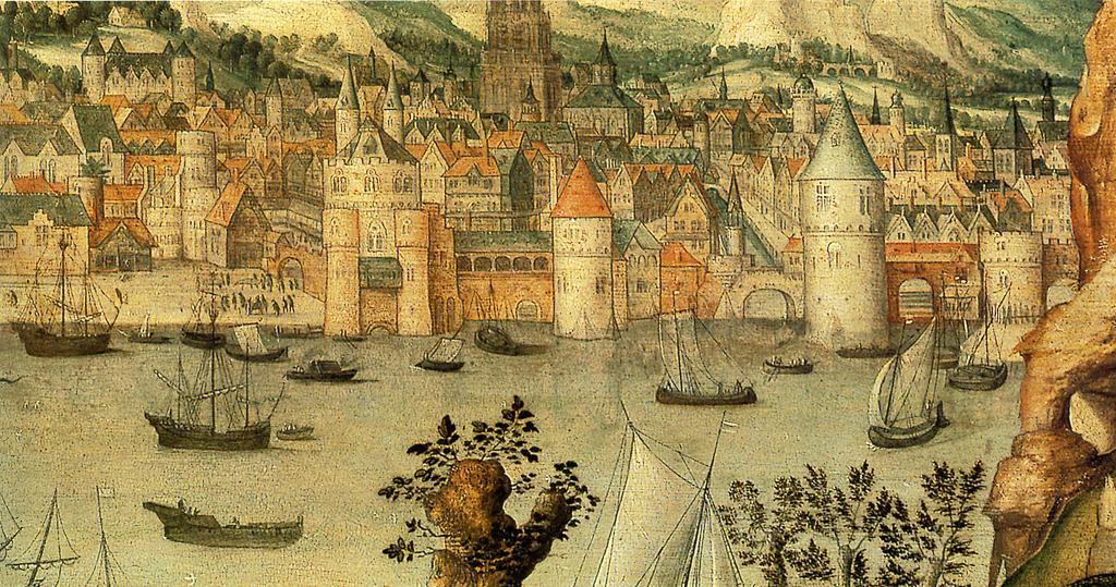 A View of the roadstead of Antwerp with the Burcht (fortress) and the Sint Walburgis Church, detail from an early 16th century painting attributed