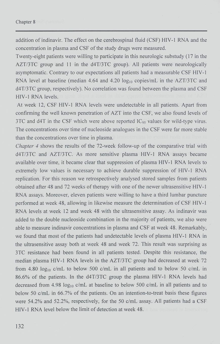 Chapter 8 addition of indinavir. The effect on the cerebrospinal fluid (CSF) HIV-1 RNA and the concentration in plasma and CSF of the study drugs were measured.