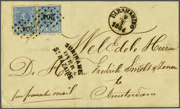 tanding 12½ x 12 (2x) op briefomslag van Paramaribo 9-3-1884 naar Amsterdam met