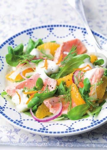 seizoentjes Verse zalmsalade met sinaasappel lunchgerecht 4 personen 20 minuten 500 gr verse zalmfilet 1 bosje waterkers 1 bosje veldsla 2 sinaasappels 1 venkel 1 kleine rode ui 1 dl Griekse yoghurt