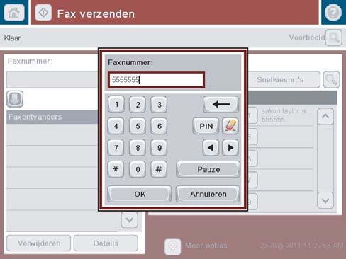 4. Raak het veld Faxnummer aan om het toetsenblok weer te geven. 5. Voer een telefoonnummer in en raak vervolgens de knop OK aan. 6. Raak de knop Start aan om de fax te verzenden.