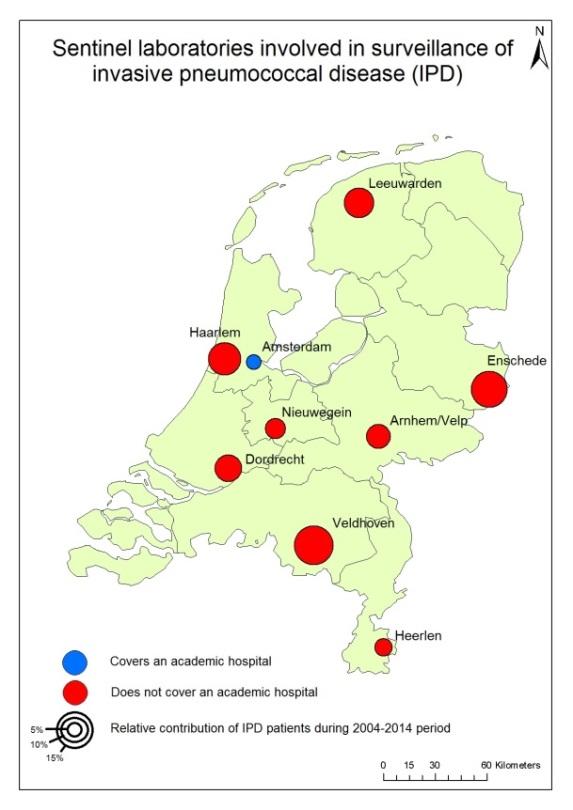 Figuur 1 Negen sentinel-laboratoria die betrokken zijn bij surveillance van invasieve pneumokokkenziekte in Nederland 3.1.2 Meldingsplicht Sinds 2008 is invasieve pneumokokkenziekte bij kinderen tot en met vijf jaar een meldingsplichtige ziekte, groep C.