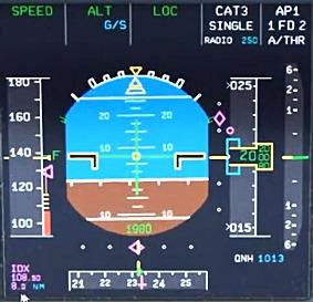 Voor een automatische landing moet je de autopilot 2 inschakelen op het FCU panel en dan verandert er ook het nodige bovenin de PFD.