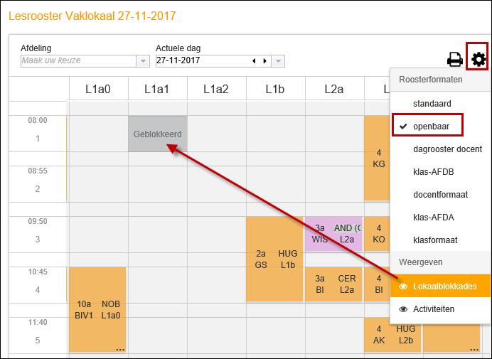 WebUntis Basispakket 109 Voor deze dagroosterweergave zijn overeenkomende gebruikersrechten aanwezig en zijn dezelfde roosterformaten van toepassing als bij de