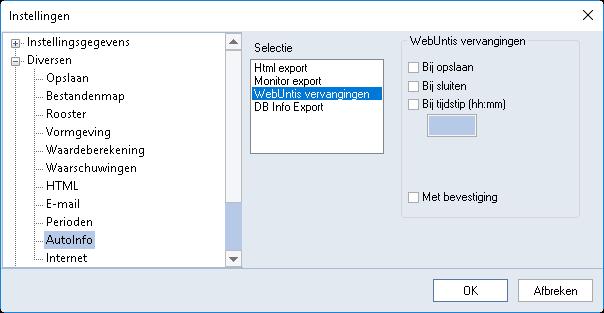 WebUntis Basispakket 16 Dagrooster automatisch exporteren naar WebUntis In Untis kunt u in het instellingenvenster onder de subkeuze Diversen AutoInfo instellen, dat de export van de vervangingen