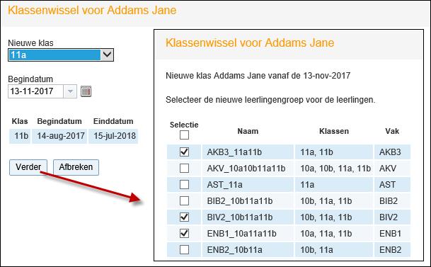 WebUntis Basispakket 54 Klik op de button <Klassen wisselen> en selecteer een nieuwe klas voor de leerling en een datum, waarop de wijziging in moet gaan. Klik op <Verder>.