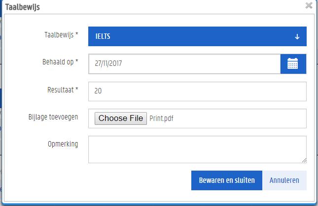 1. Duid aan om welk soort taalbewijs het gaat. Kiest het juiste bewijs uit het lijstje. 2. Vul de datum in waarop je dit certificaat of attest behaald hebt. 3. Vul het behaalde resultaat in.