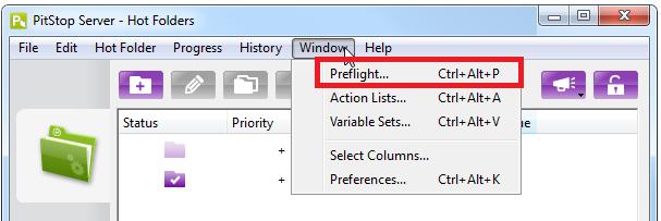 14.2 Waar kunt u preflightprofielen vinden in PitStop Server? Klik in op Venster > Preflight. 14.2.1 Het preflightprofielvenster In het preflightprofielvenster kunt u preflightprofielen organiseren en openen: U kunt een bestaand profiel of een leeg profiel (om een nieuwe aan te maken) openen.