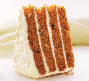 Caramel carrot cake ref: sw2763 1,64kg 3 lagen van carrot cake met noten, bedekt en gevuld met cream cheese. Versierd met Karamel. 12 porties.
