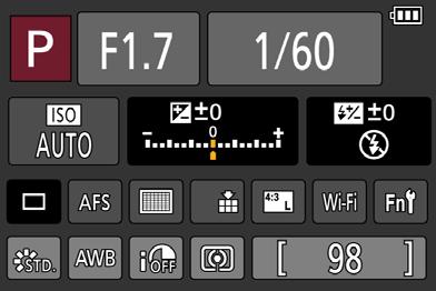 Diversen Opnamegegevens op het scherm Flitsmodus ( 59) Flitser Opnamemodus ( 25) Programme Shift ( 29) Filmopnamemodus ( 37) Filmopnamemodus wanneer [4K-FOTO] is ingesteld op [ON] ( 40)