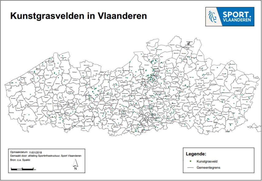 Kaart kunstgrasvelden in Vlaanderen dd. 11/01/2018 6 ONDERZOEKEN RUBBERGRANULAAT Wereldwijd zijn er al meer dan 100 studies uitgevoerd over de veiligheid van SBR rubbergranulaat.