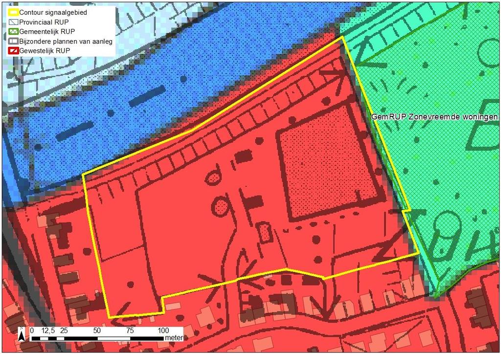 Figuur: situering signaalgebied op gewestplan met aanduiding van goedgekeurde BPA s en RUP s en weergave van de bebouwingstoestand volgens het Grootschalig Referentiebestand GRB.