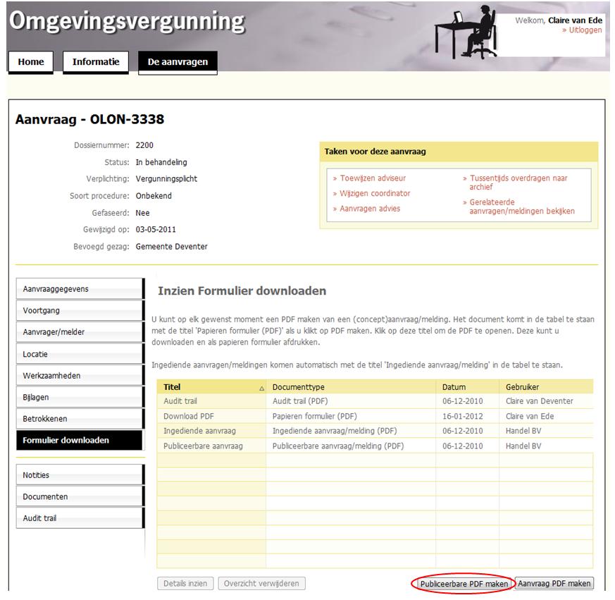 De knop Publiceerbare PDF maken is beschikbaar binnen de behandelmodule en na indienen van de aanvraag.