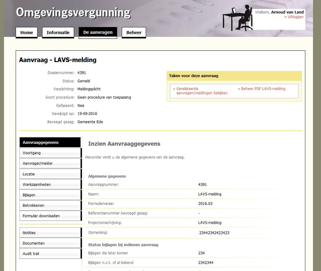 Als er een melding geopend wordt waarvan de ingediende melding PDF niet aan het LAVS geleverd kan worden is er een taak beschikbaar met de naam Beheer PDF LAVS-melding.