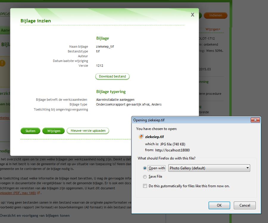Bijlage openen op 'Bijlage inzien' pagina.