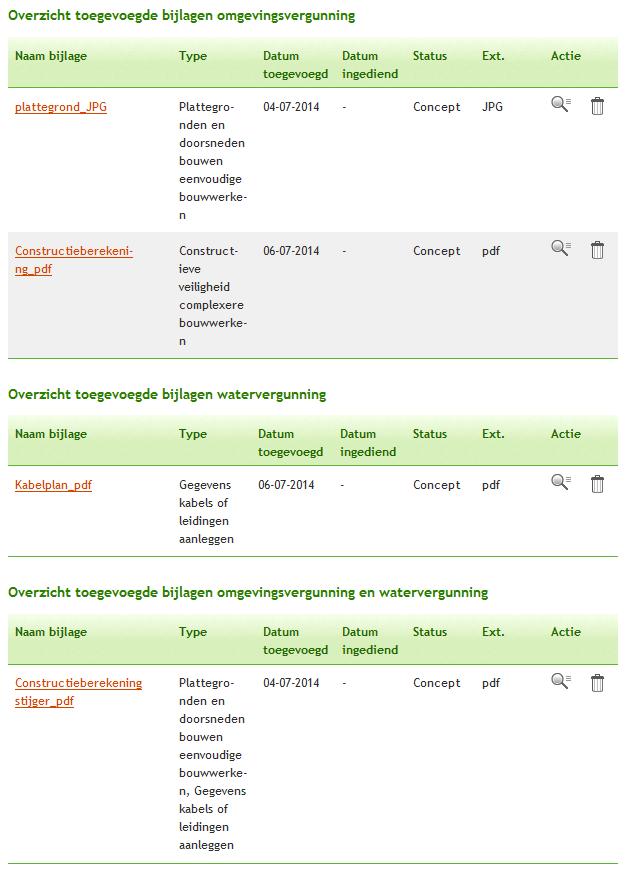 Scherm bijlagen overzicht (gecombineerd) De bijlagen worden getoond in 3 tabellen: Overzicht toegevoegde bijlagen omgevingsvergunning Overzicht toegevoegde bijlagen watervergunning Overzicht