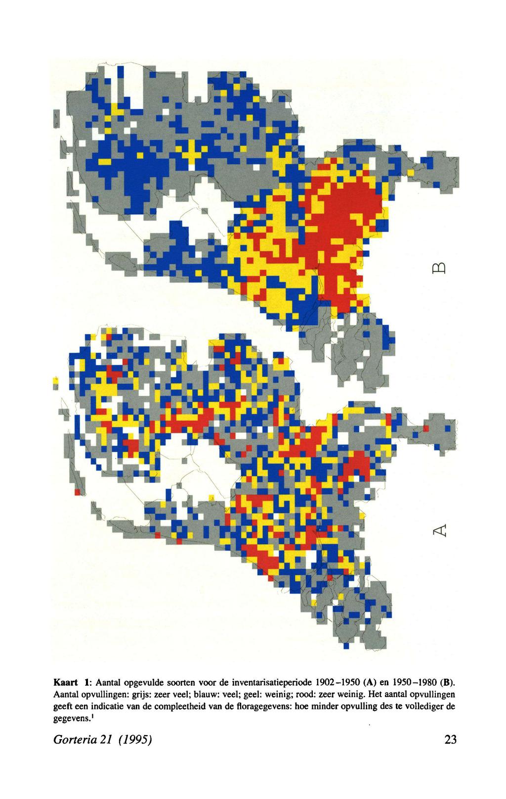 Kaart 1: Aantal opgevulde soorten voor de inventarisatieperiode 1902 1950 (A) en 1950 1980 (B).