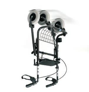 286 B carbongrijs 4-wiel rollator met een afneembaar metalen inkoopmandje, plexi afneembaar tablet, parkeerremmen en anatomische duwhandvatten die regelbaar zijn in hoogte.