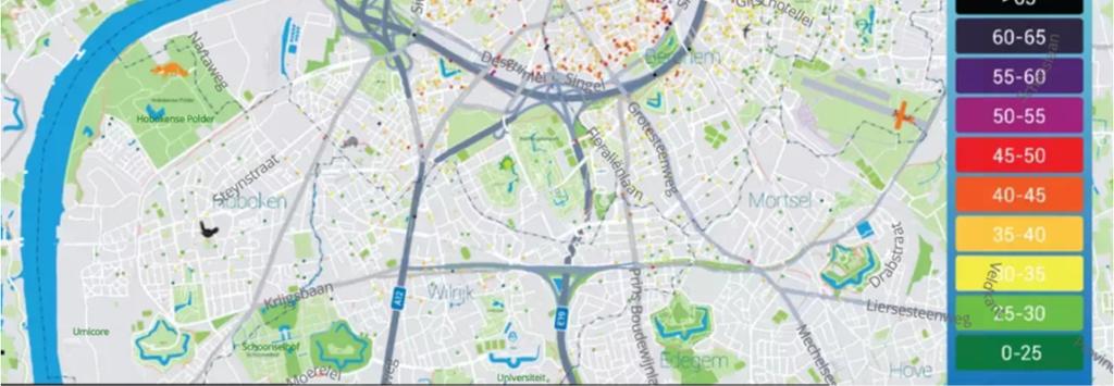 waardoor street canyon effecten in rekening kunnen gebracht worden. De doorgerekende straten zijn de Plantin en Moretuslei, de Mechelsesteenweg, de Carnotstraat, de Wolfstraat en Kipdorp.