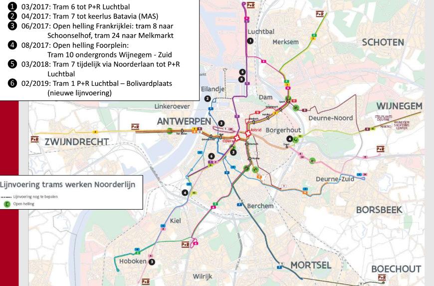 Figuur 11: Overzicht van de tramverlengingen en wijzigingen aan de lijnvoering van het tramnet van De Lijn in de Antwerpse agglomeratie. 5.1.2.