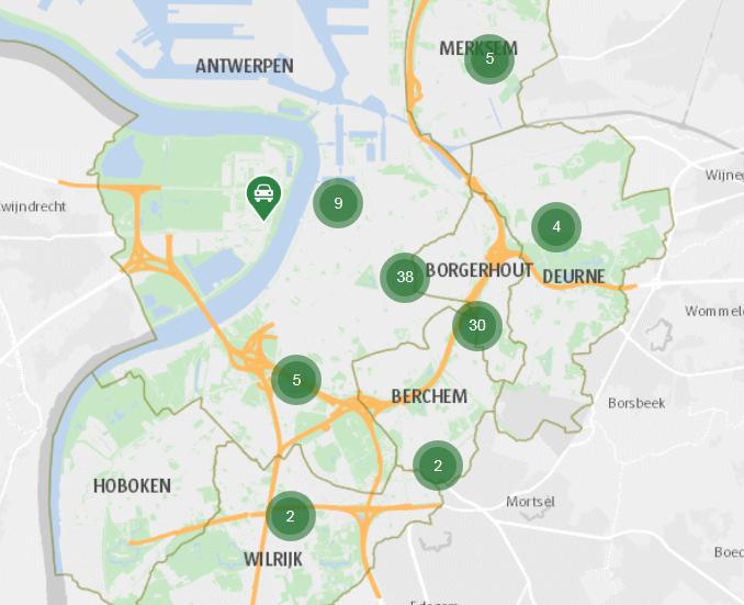 Figuur 17: Ligging van de 94 autodeellocaties in de stad Antwerpen. Figuur 18: Ligging van de reeds bestaande (groen) en van de bijkomende (roze) Velo-fietsstations in stad Antwerpen.