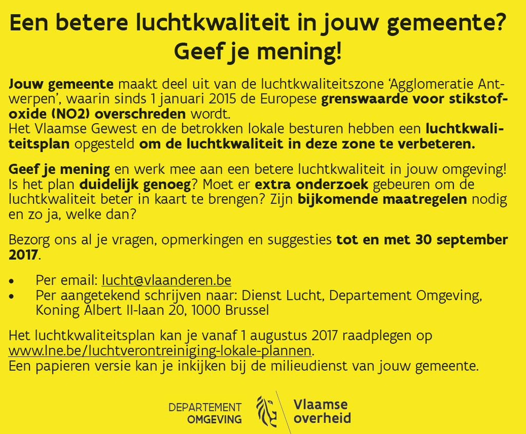Figuur 1: Advertentie voor de aankondiging van het openbaar onderzoek voor het saneringsplan NO2 voor de luchtkwaliteitszone Aggloimeratie Antwerpen.