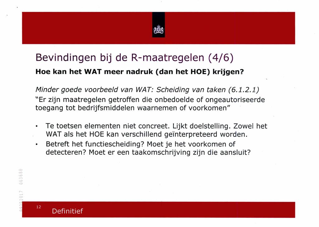 Bevindingen bij de R-maatregelen (4/6) Hoe kan het WAT meer nadruk (dan het HOE) krijgen? Minder goede voorbeeld van WAT: Scheiding van taken (6.1.2.