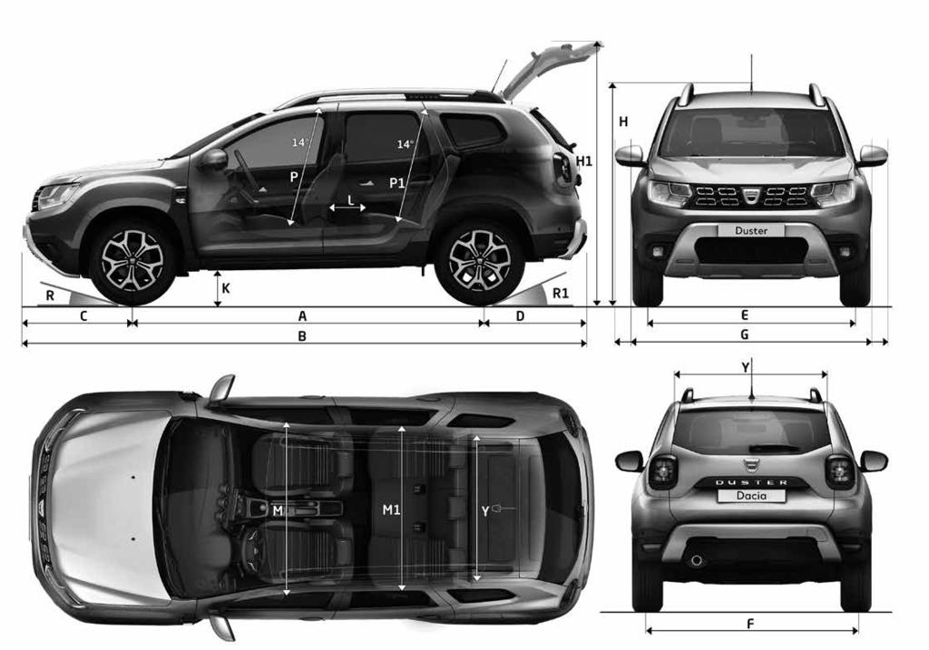 Afmetingen Nieuwe Dacia Duster AFMETINGEN (mm) A Wielbasis 2WD / 4WD 2 674/2 676 B Totale lengte 4 341 C Vooroverhang 2WD / 4WD 842/841 D Achteroverhang 2WD / 4WD 826/824 E Spoorbreedte voor 1 563 F