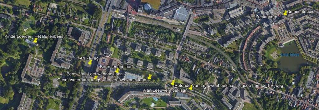 Figuur 1. Topografische uitsnede van gemeente Zoetermeer met daarin enkele van de locaties die zijn bezocht (gele pinnen). Bron: Google Earth.