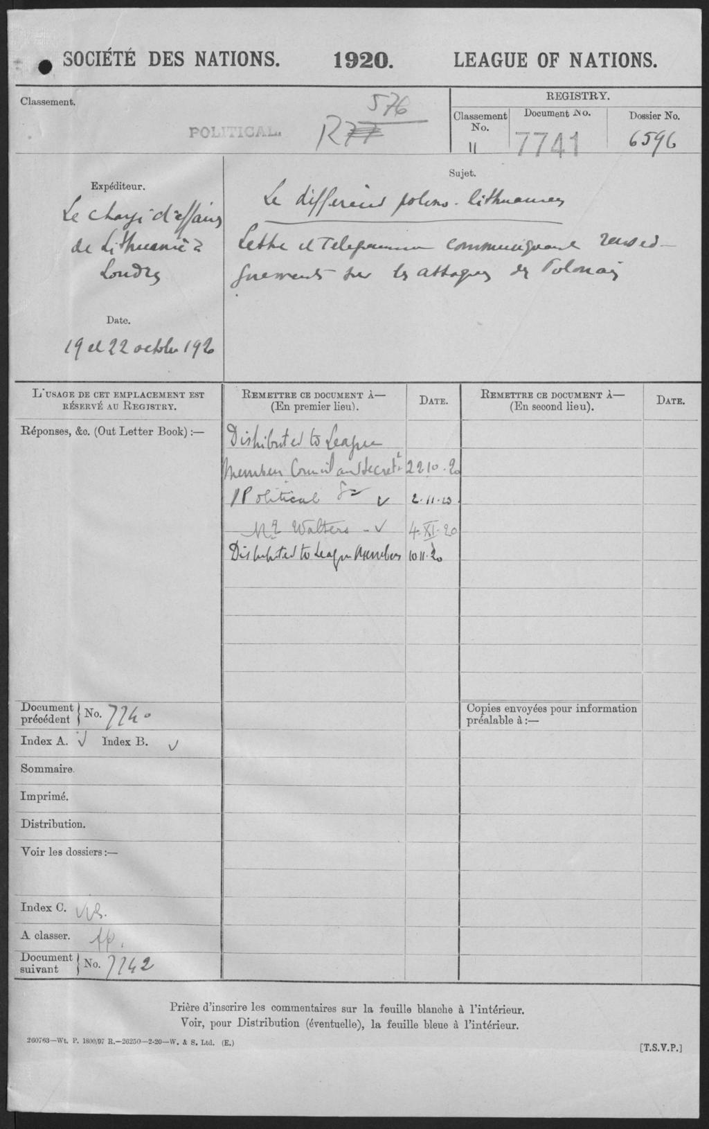 SOCIÉTÉ DES NATIONS. 1920. LEAGUE OF NATIONS. Classement. PO:- * i. sji'kim - / Z w ~ ~ Classement Ko. Il REG ISTRY. Document -ino. ' T,4 H! / / 1-------- Dossier No. c r f L Expéditeur. j ^ C Sujet.