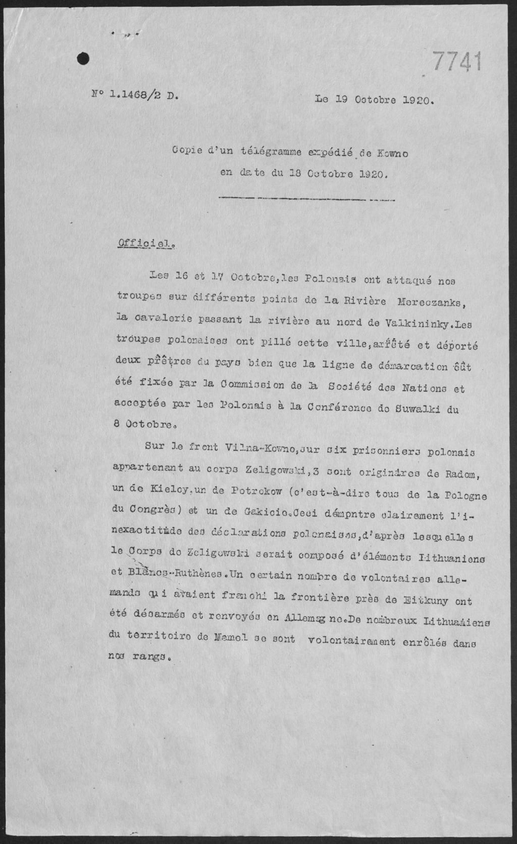 G Pie d?un télégramme expédié de Eorno en date du 18 Octobre 1920, Offi c i si, le s 16 ê'o 17 O ctobre,les Polo.ng.