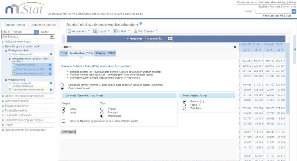 De structuur van de dataset, inclusief de codes en de labels, kan geëxporteerd worden via het Data Structure Definition (DSD) bestand.