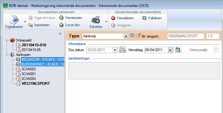 BOB-demat Inkomende documenten Centralisering van een document Tip Het is mogelijk om meerdere gecontroleerde documenten gelijktijdig te selecteren uit de boomstructuur (via