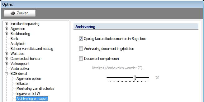 BOB-demat Inkomende documenten Archivering & export Archivering & export Eerder werd al aangehaald dat BOB-demat de documenten zal opslaan in de Sage-box.