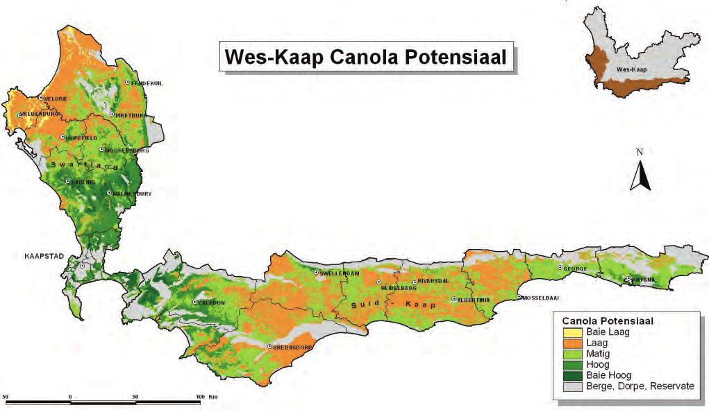 Figuur 2. Opbrengspotensiaal van Canola in die Wes en Suid-Kaap volgens Grond en Klimaatseienskappe. 3. CANOLA AS WISSELBOUGEWAS 3.
