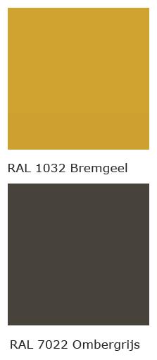 3 cm* Voet kleur ombergrijs, RAL 7022, vaandels kleur bremgeel, RAL 1032 Kleur letters ombergrijs, RAL 7022