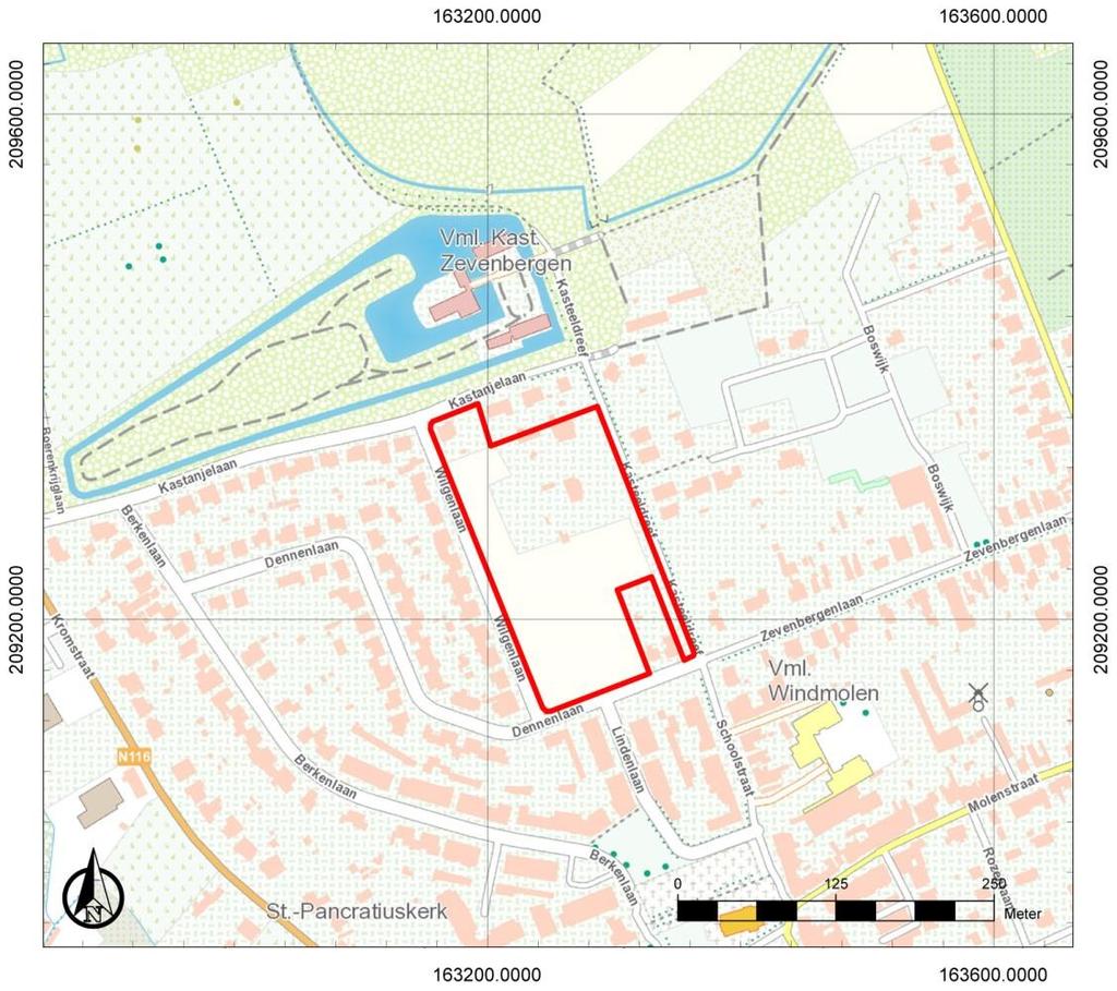 Oppervlakte onderzoeksgebied: ca. 26.601 m² Topografische kaart: 2016K60 Figuur 2: Topografische kaart met aanduiding van het onderzoeksgebied (https://www.dov.vlaanderen.