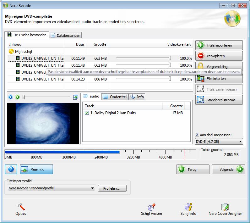 Een dvd samenstellen 8 Een dvd samenstellen Met Nero Recode kunt u uw eigen dvd's samenstellen met geïmporteerde videotitels en gegevensbestanden. 8.1 Taakspecifieke opties Fig.