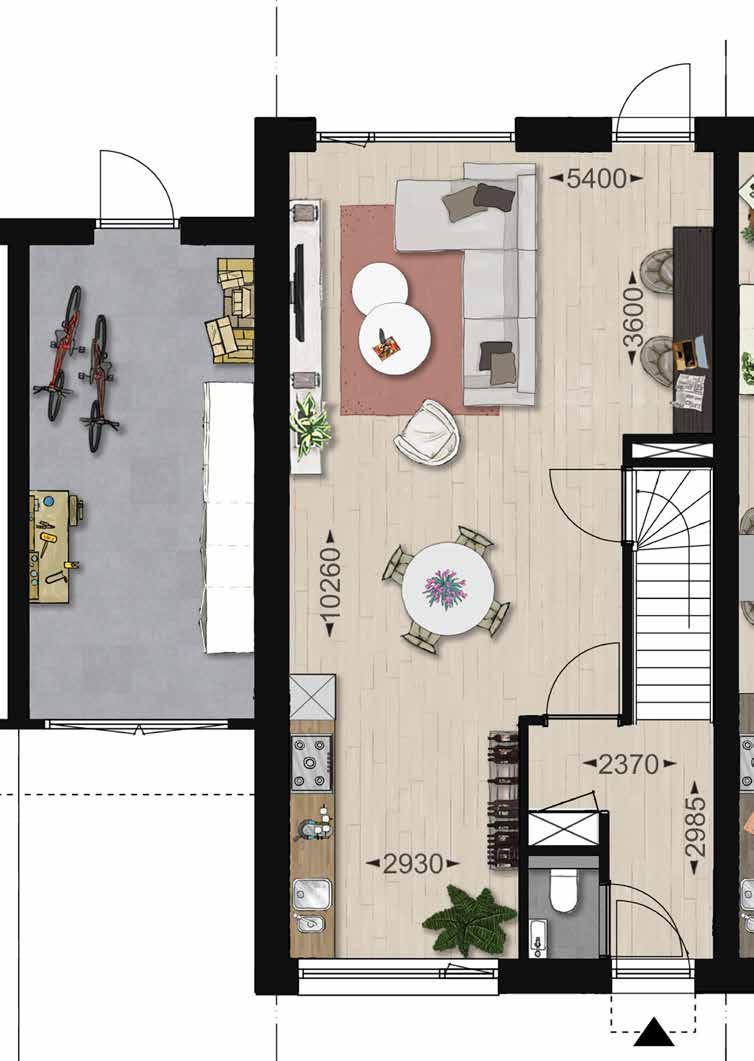 De woningen hebben veel uitbreidingsmogelijkheden en de indeling van de woningen is flexibel, de keuken kan zowel aan de voor- als achterzijde van de woning.