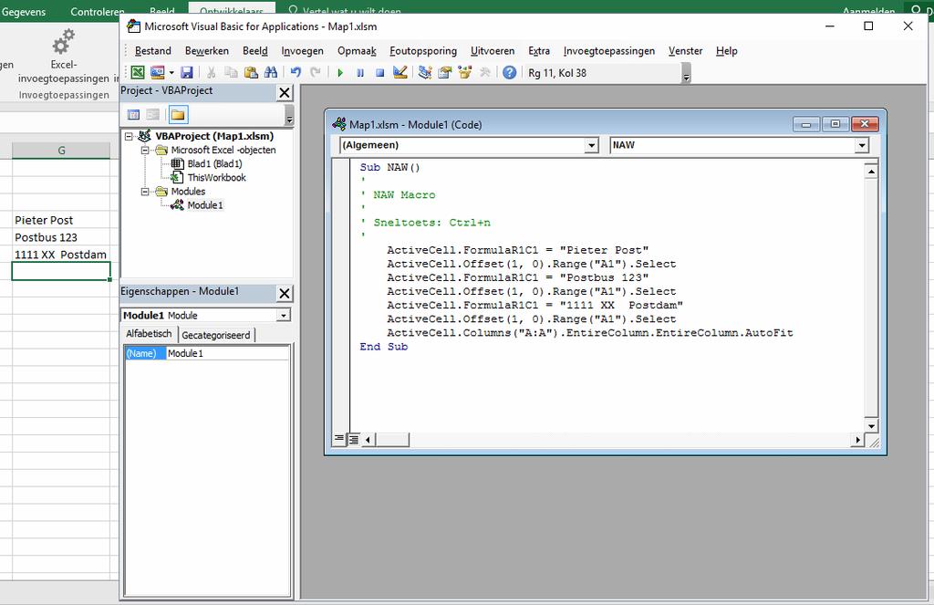 Macro s Start nu de opname van een nieuwe macro NAW (alleen beschikbaar in deze werkmap, sneltoets: [Ctrl]+[n]) die je naam en adres in drie onder elkaar gelegen cellen neerzet, en vervolgens de