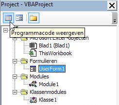 De VBA-editor Mochten er vensters met code op een bepaald moment niet (goed) in beeld zijn, dan kun je ze in die Projectverkenner activeren door er dubbel op te klikken. Figuur 5.