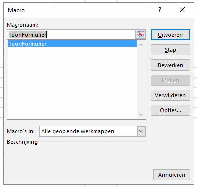 Code integreren Public Sub ToonFormulier() frmbtw.show End Sub Schakel over naar het werkblad in Excel. Ga naar het macrobeheervenster (tab Ontwikkelaars, Programmacode, Macro s). Figuur 9.