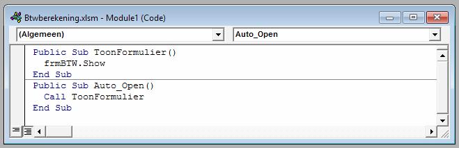Code integreren Ga in de VBA-editor naar het codevenster Module1 en voeg er de volgende sub aan toe. Figuur 9.5 Automatisch starten van een macro Sluit de werkmap, wel bewaren natuurlijk!