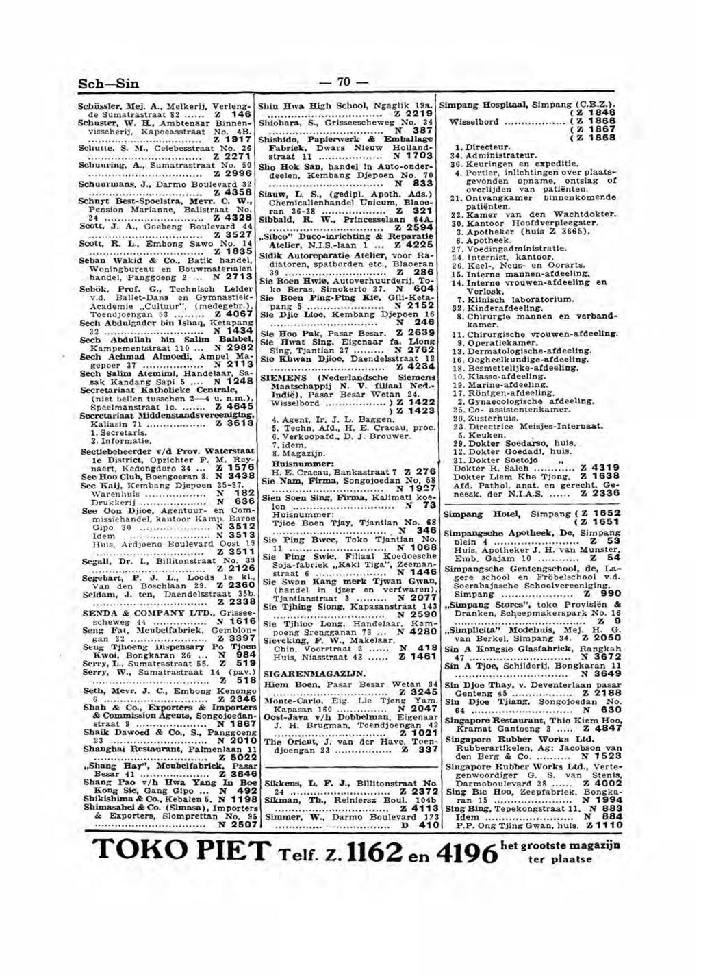 Seh-Sin 70 - Scbüssler, 1\Iej. A., Melkerij, Verlengde Sumatrastraat 82 z 146 Schuster, W. H., Ambtenaar Binnenv isscherij, Kapoeasstraat No. 4B.... Z 1917 Sclrut.t.e, S. 1\1., Celebesstraat No. 26.