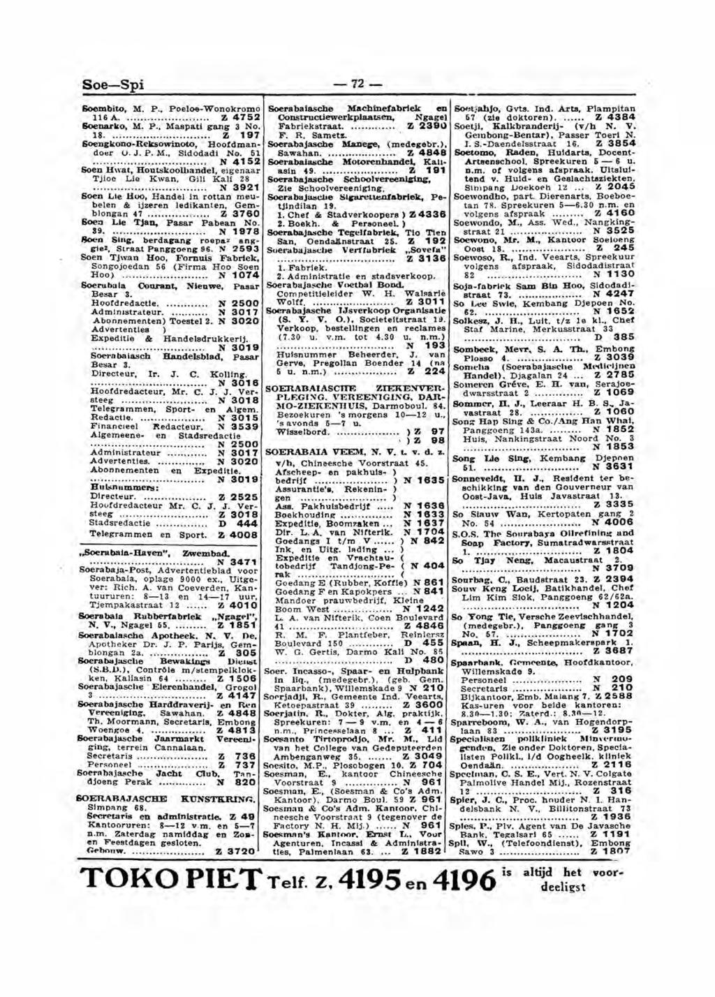 Soe-Spi -72- Soembito, M. P., Poeloe-Wonokromo 116 A. Z 4752 Soenarko, M. P., Maapati gang 3 No. 18....... Z 197 Soengkono-Reksowinoto, Hoofdmand oer U. J. P. M., Sldodadi No. 51.