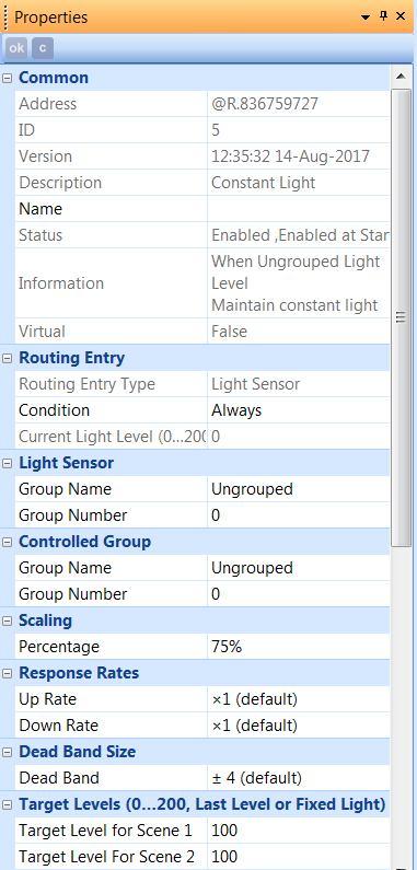 Dit is ook van toepassing bij gebruik van een Presence Detection (zie pagina 26-27). Training : - Activeer de lichtsensor - Creëer een Constant light routing entry met de naam CL 1.