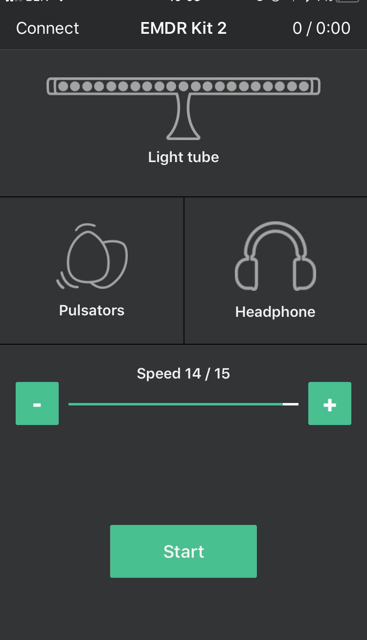 2.2.0 Gebruik van de EMDR Kit app (ios) De drie verschillende onderdelen (Light tube, Pulsators en Headphone) kunnen tegelijkertijd of apart van elkaar gebruikt worden.